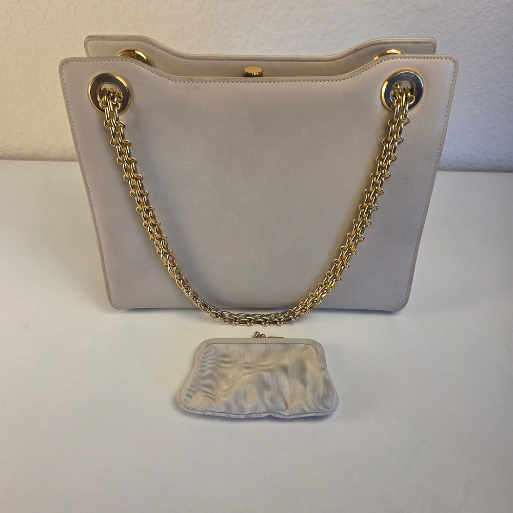 Vintage Coblentz Original Cream Leather Shoulder Bag Gold Chain Strap Coin Purse